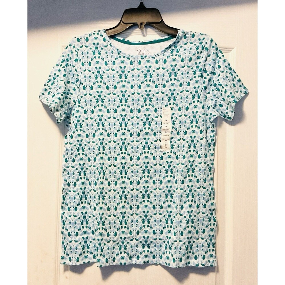 Croft & Barrow Women's Essential Crewneck Tee M, Blue Geo Tile NWT
